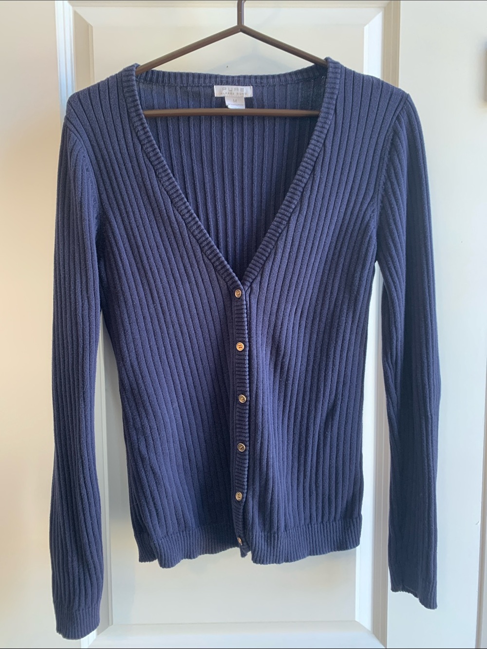 ALFRED SUNG Navy Ribbed V-Neck Button Front Cotton Cardigan